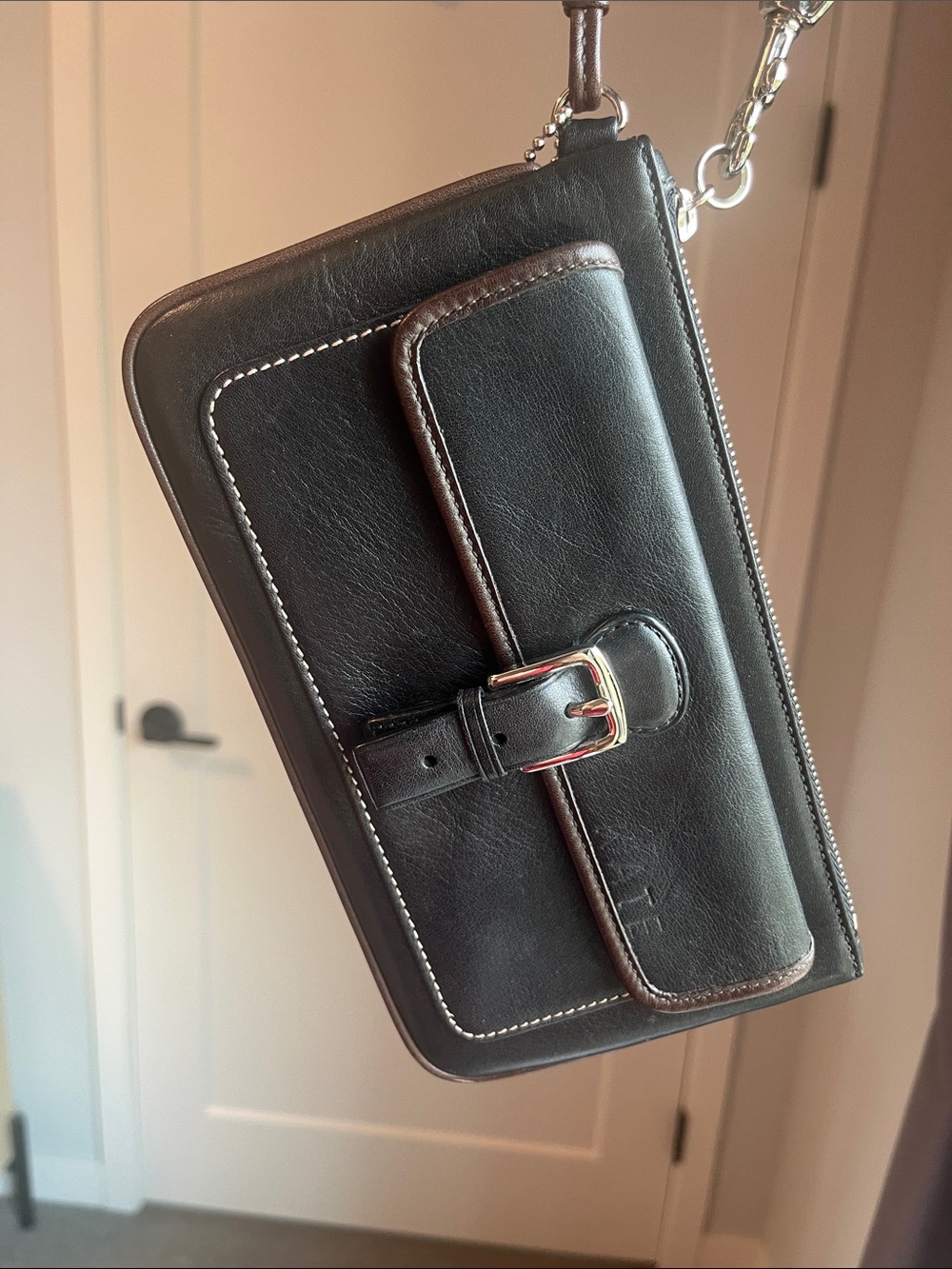 Coach Black Leather Wallet Crossbody with Buckle Detail